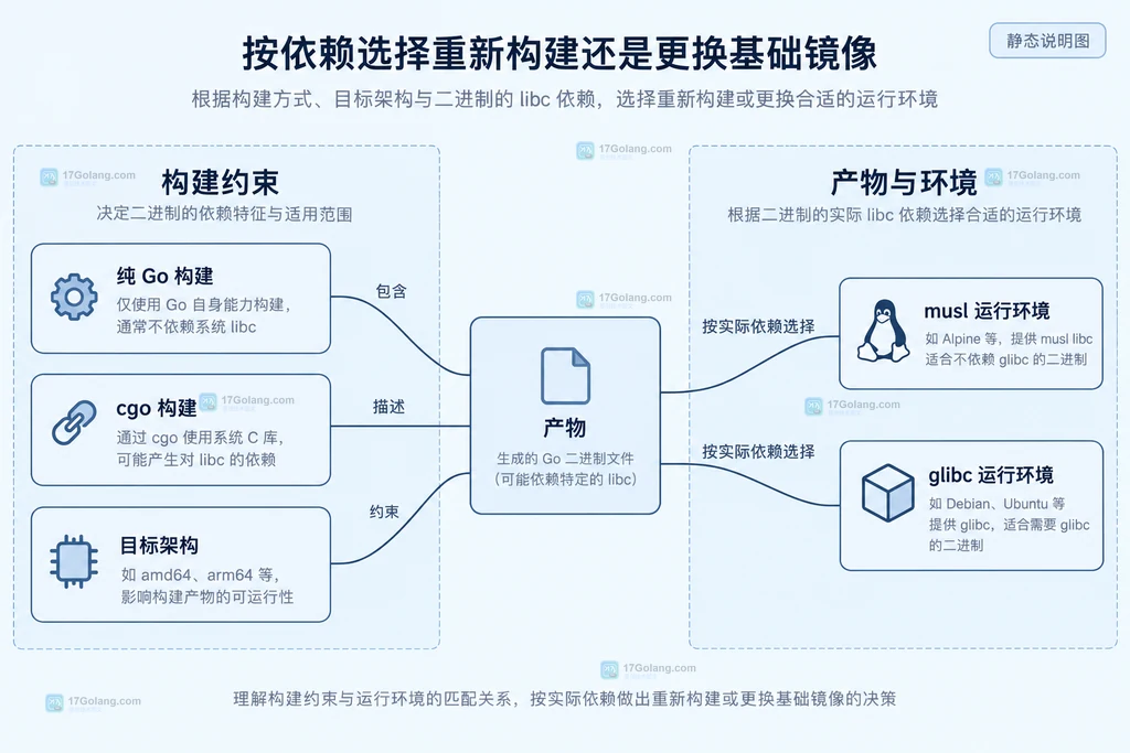 纯Go与cgo构建的产物分别受目标架构和libc运行环境约束