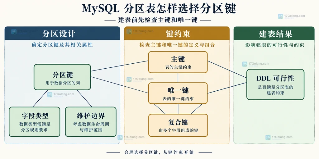MySQL 分区键、主键、唯一键、复合键、数据类型和维护边界的静态关系说明图
