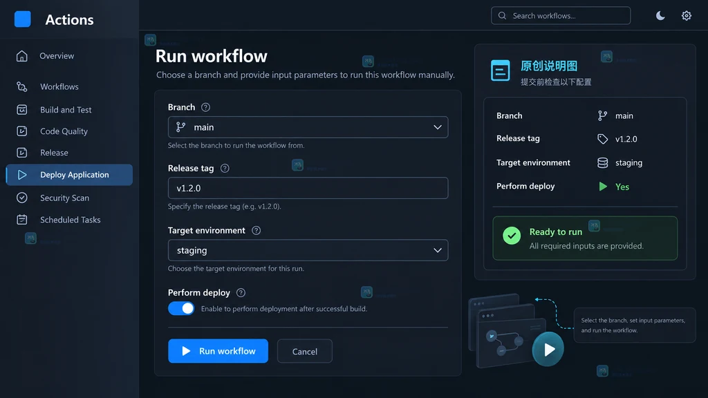 原创 GitHub Actions Run workflow 表单说明图显示分支与输入参数填写状态