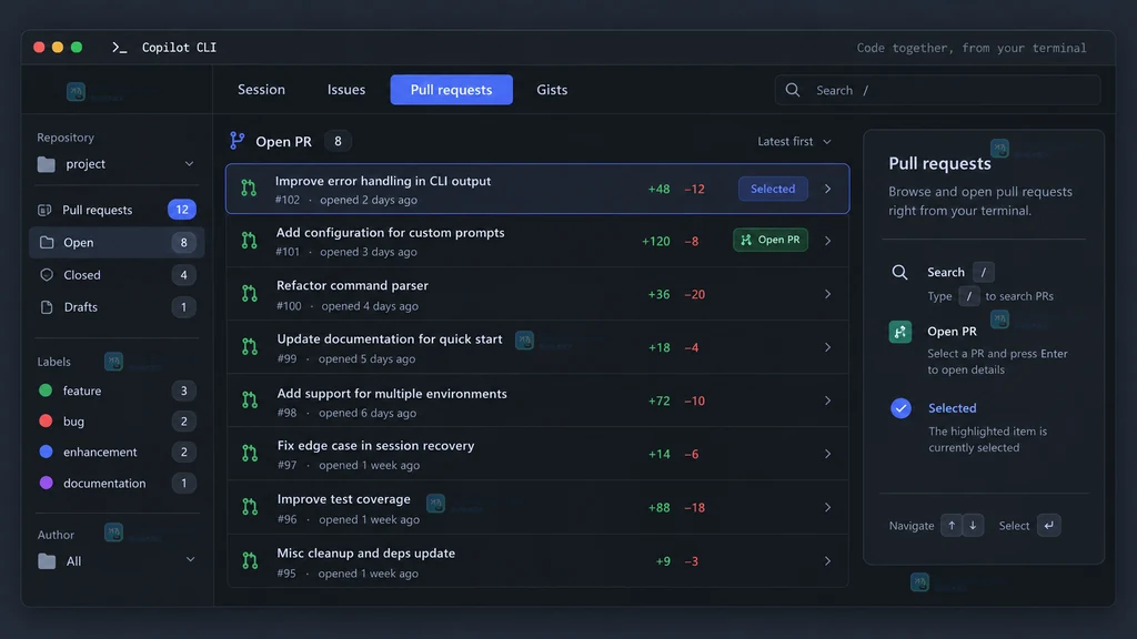 原创界面说明图:Copilot CLI 顶部选中 Pull requests 标签,中央显示 PR 列表,右侧有搜索和打开提示。