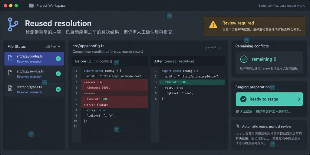 版本控制工作台中核对 rerere 复用结果和剩余冲突的原创界面说明图