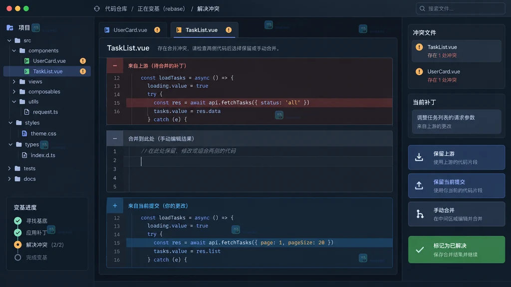 Git rebase 冲突文件面板与冲突块选择区域说明图