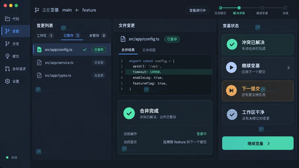 Git rebase 暂存冲突文件并继续变基后的状态说明图