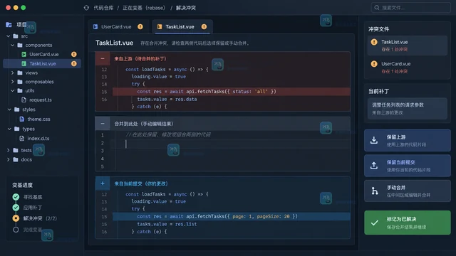 Git rebase 冲突怎样保留两边文件片段