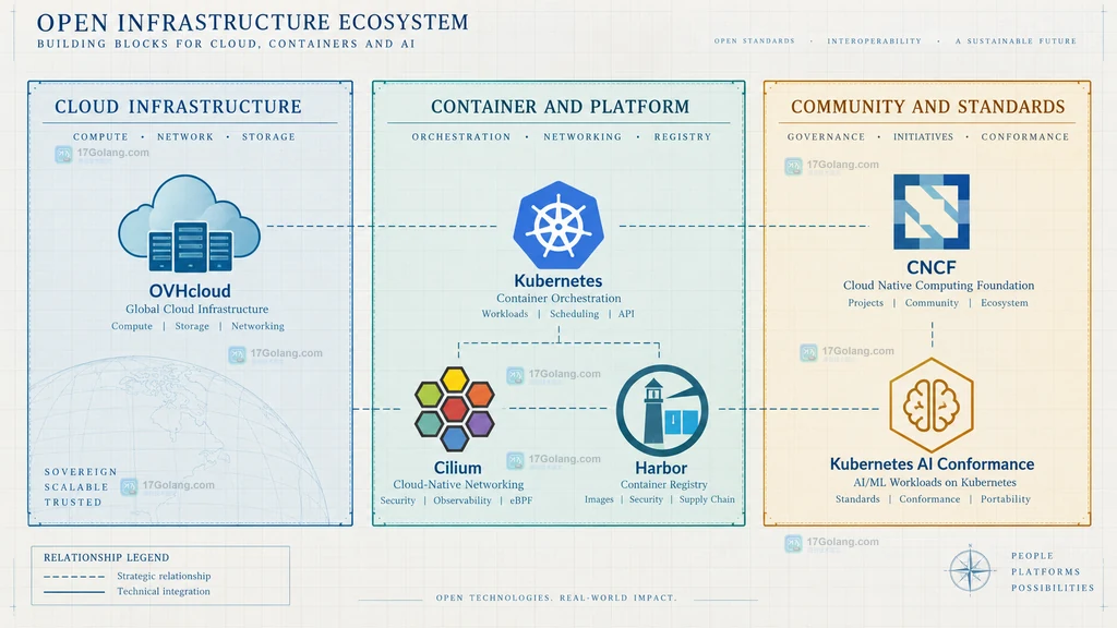 OVHcloud、CNCF、OpenStack、Harbor、Cilium 与 Kubernetes AI Conformance 之间关系的原创静态说明图