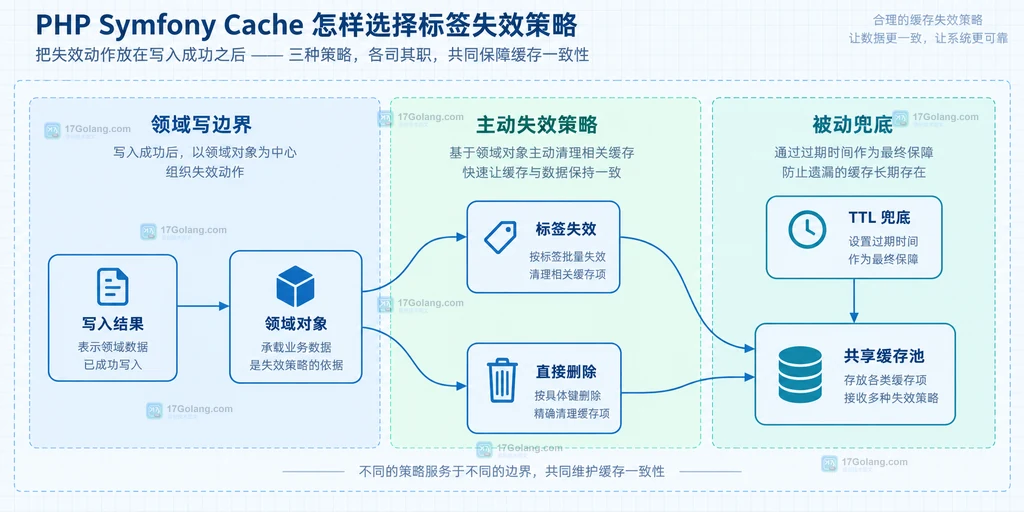Symfony Cache 标签失效策略的写入边界与 TTL 兜底关系说明图