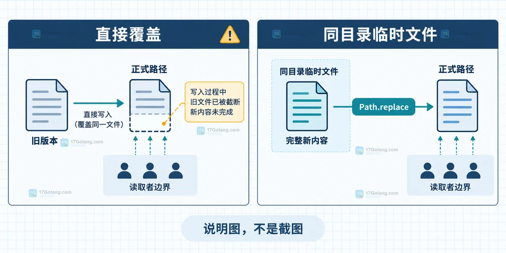 Python pathlib 直接覆盖与临时文件替换的文件边界结构说明图