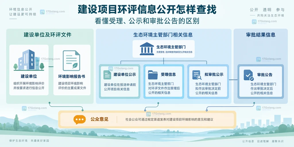 建设单位公示、受理信息、拟审批公示、审批公告和公众意见之间关系的原创说明图