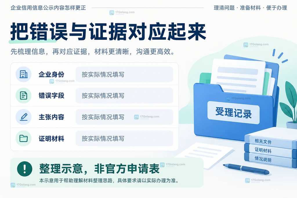 更正说明中企业身份、错误字段、正确内容与证据的原创示意界面