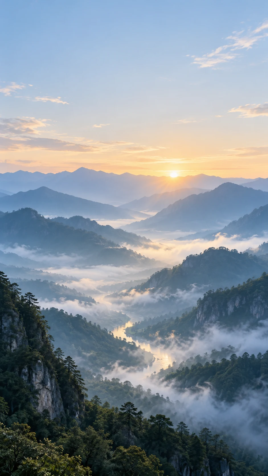 雾蓝山谷晨光手机壁纸主图,顶部留出低细节天空并把山谷纵深放在中下部