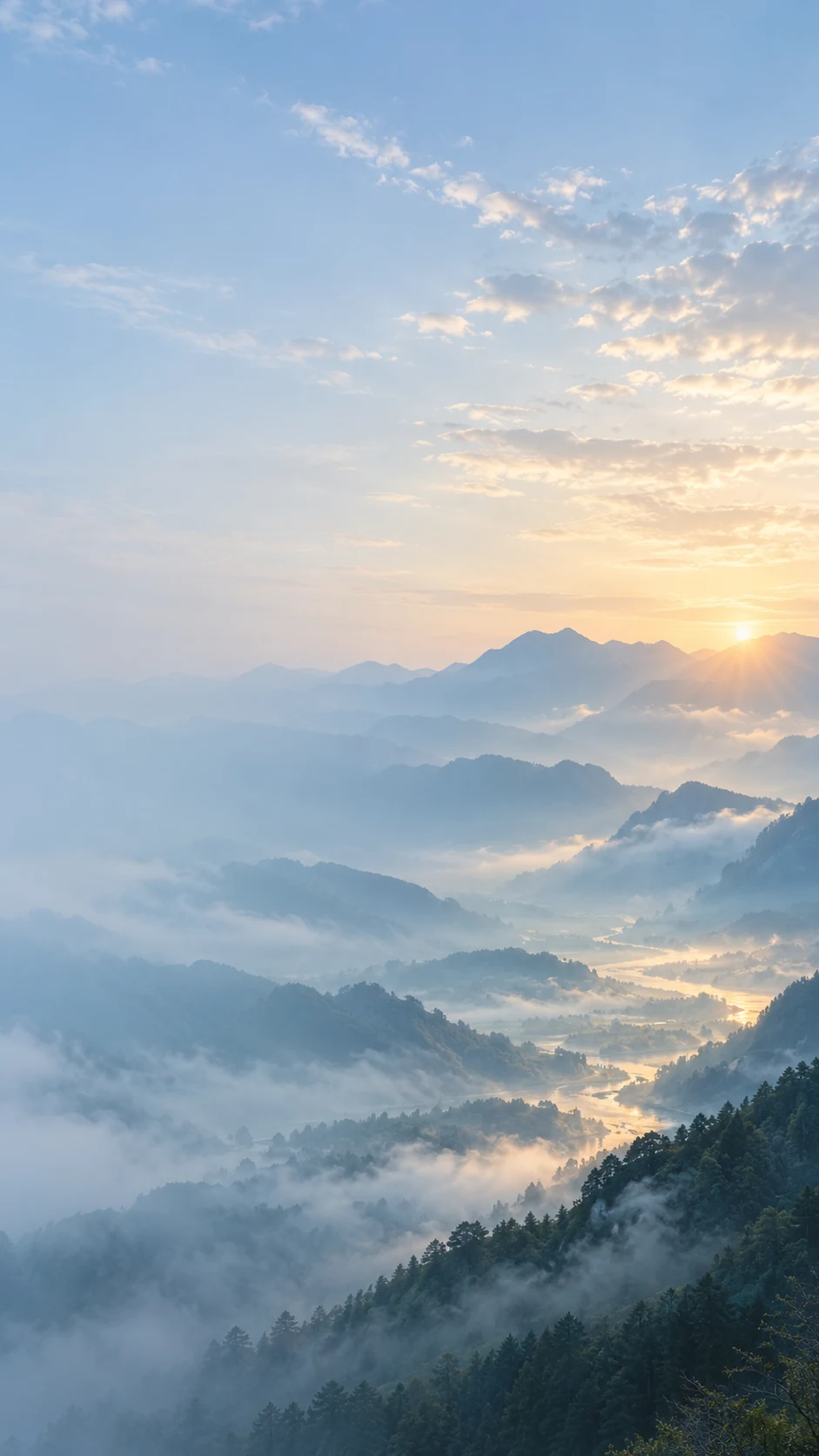 雾蓝山谷晨光手机壁纸变体,山脊和发光谷地偏向右下,左上与左中保留图标留白
