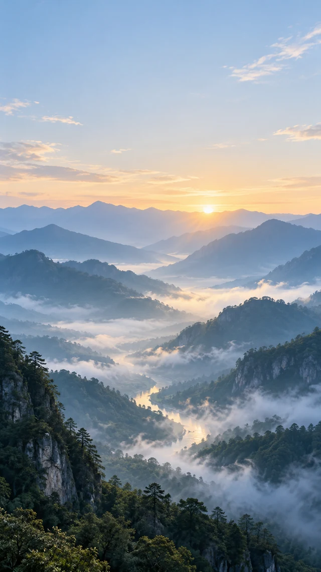 雾蓝山谷晨光手机壁纸怎样安排留白：原创9:16双图与提示词