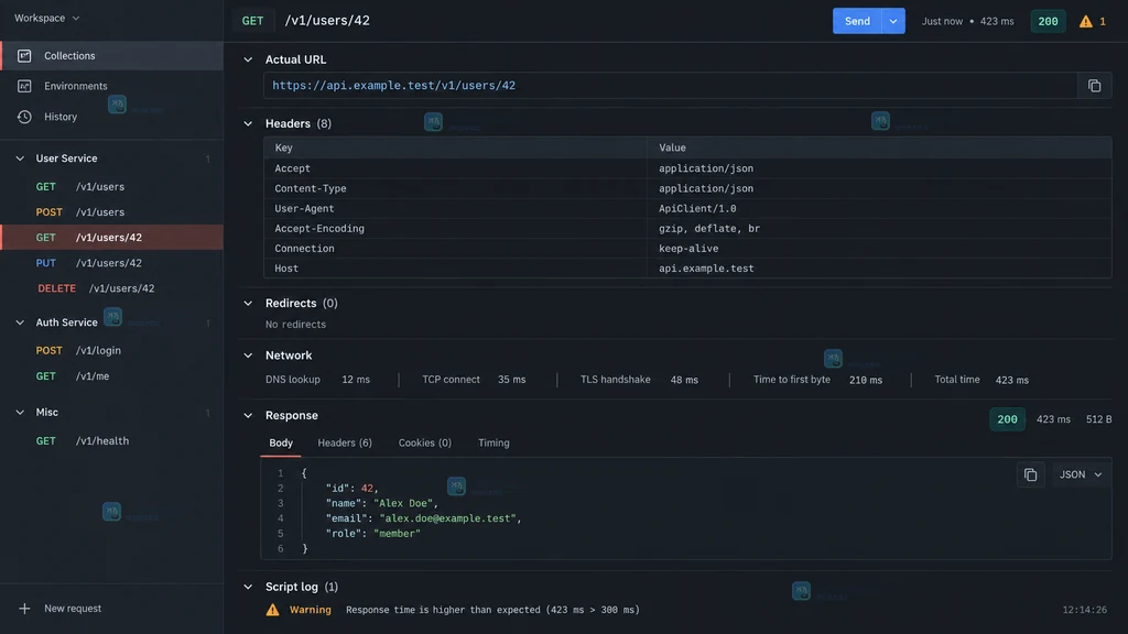 Postman Console 说明图:请求工作区底部打开 Console,日志面板等待记录新的接口请求