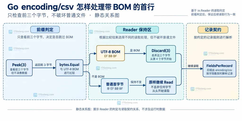 Peek、bytes.Equal、BOM 分支、普通首字节和 FieldsPerRecord 的静态依赖图