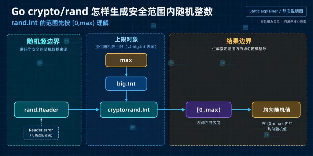 Go crypto/rand.Int 与 big.Int 的半开区间关系说明图,展示 rand.Reader、max 和 [0,max) 结果边界