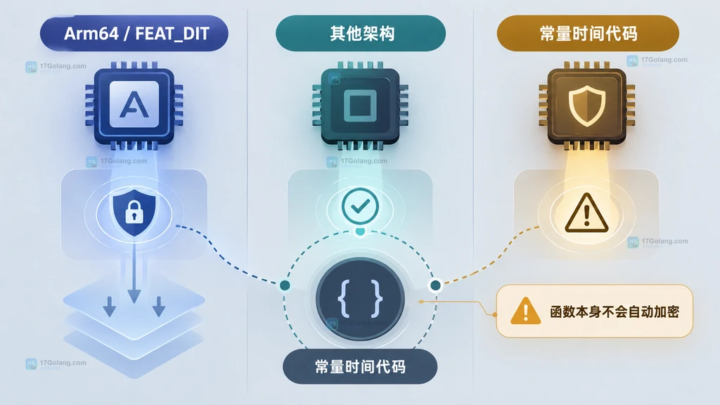 Go WithDataIndependentTiming 在 Arm64 与其他架构上的行为边界对比图
