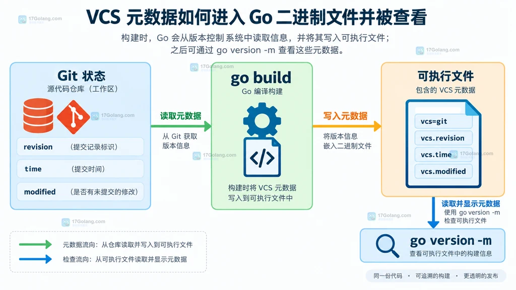 Go 二进制内 VCS 构建信息字段与 go version -m 查看入口关系图