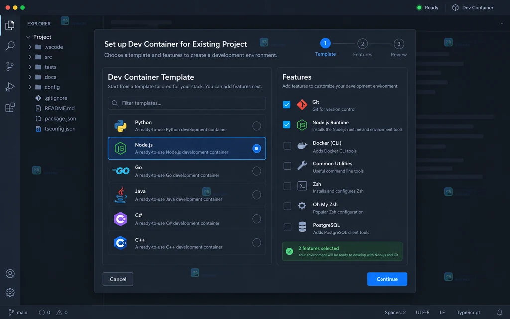 VS Code 命令面板中选中添加 Dev Container 配置文件的原创界面说明图