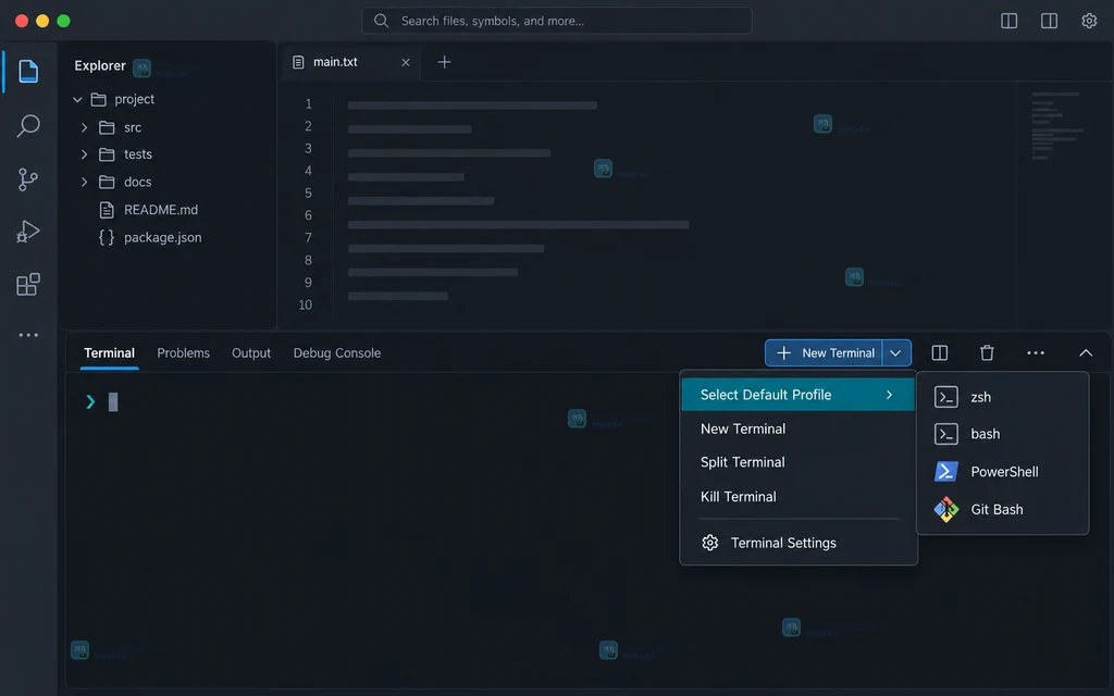 VS Code 终端下拉菜单中的 Select Default Profile 入口和 Shell Profile 列表说明图