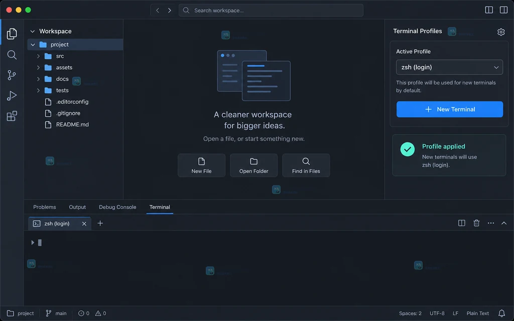VS Code 新终端使用目标 Shell 后的活动 Profile、终端标签和成功状态说明图