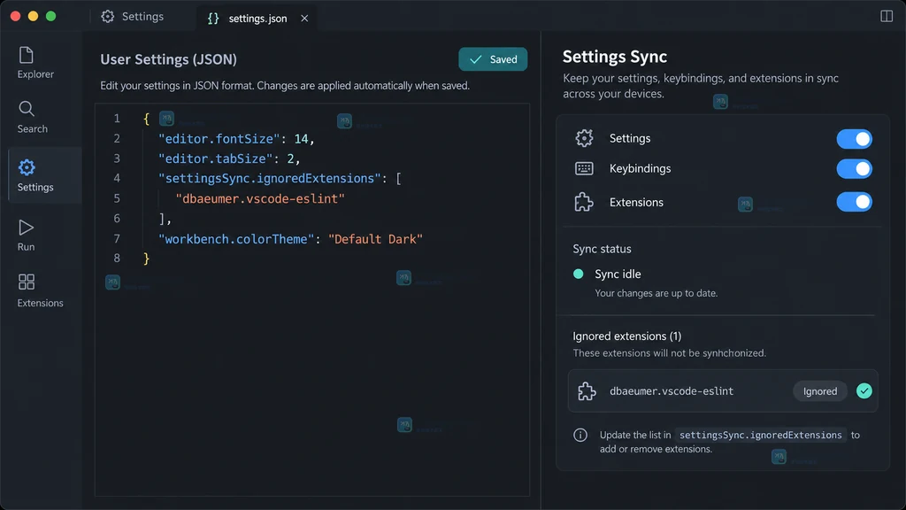 原创 VS Code 风格界面说明图,展示 ignoredExtensions 数组、Extensions 同步开启和扩展已排除状态