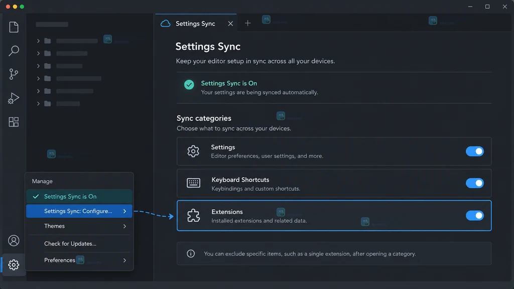 原创 VS Code 风格界面说明图,展示 Manage 菜单进入 Settings Sync 配置并看到 Extensions 类别