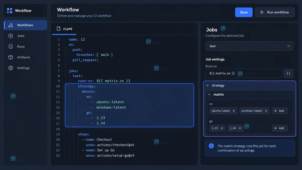 原创持续集成界面说明图,展示 GitHub Actions 风格工作流中的 strategy.matrix、os 和 go 配置