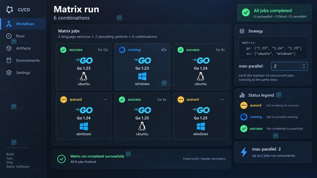 原创持续集成界面说明图,展示六个矩阵组合、max-parallel 2 和 queued running success 状态