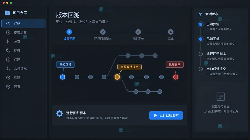 原创开发工具界面说明图,展示 Git bisect 的 bad、good 范围与 run 脚本入口