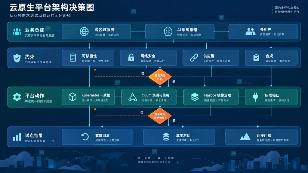 从业务负载和云原生约束到 Kubernetes 一致性、网络观测、镜像治理与试点结果的原创分层决策图
