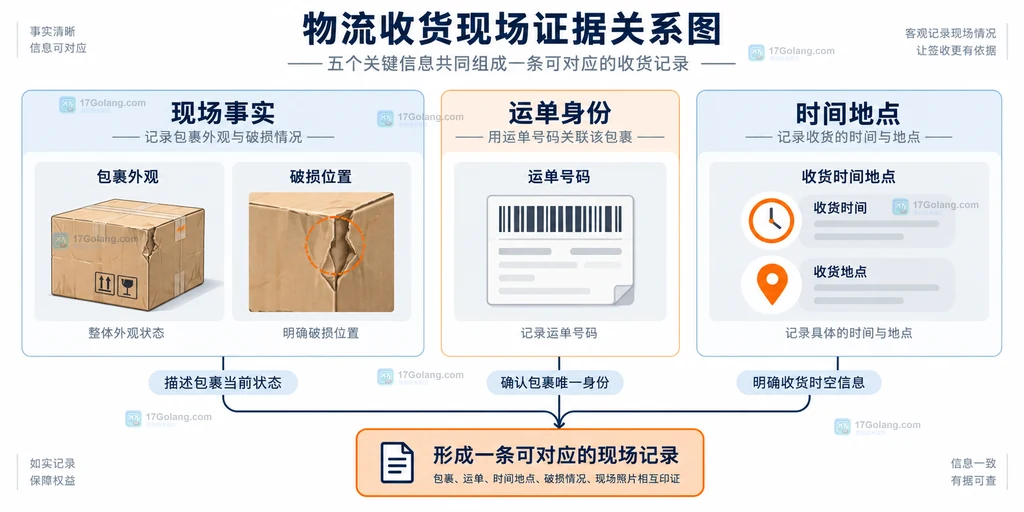 快件外包装破损现场记录中包裹、运单、时间地点和异常描述的关系说明图