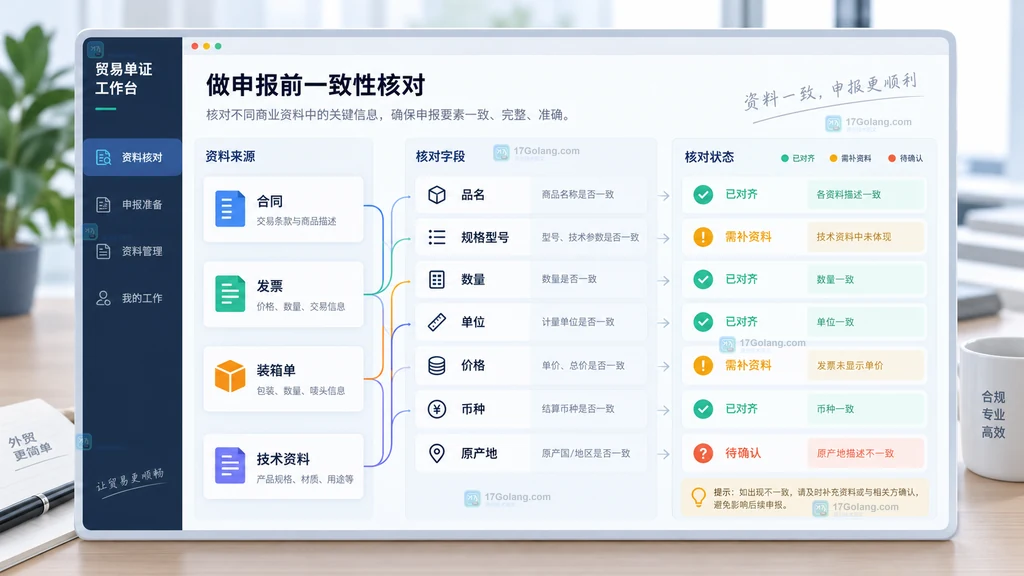 合同发票装箱单技术资料与品名规格数量价格原产地字段进行一致性核对的原创工作台说明图