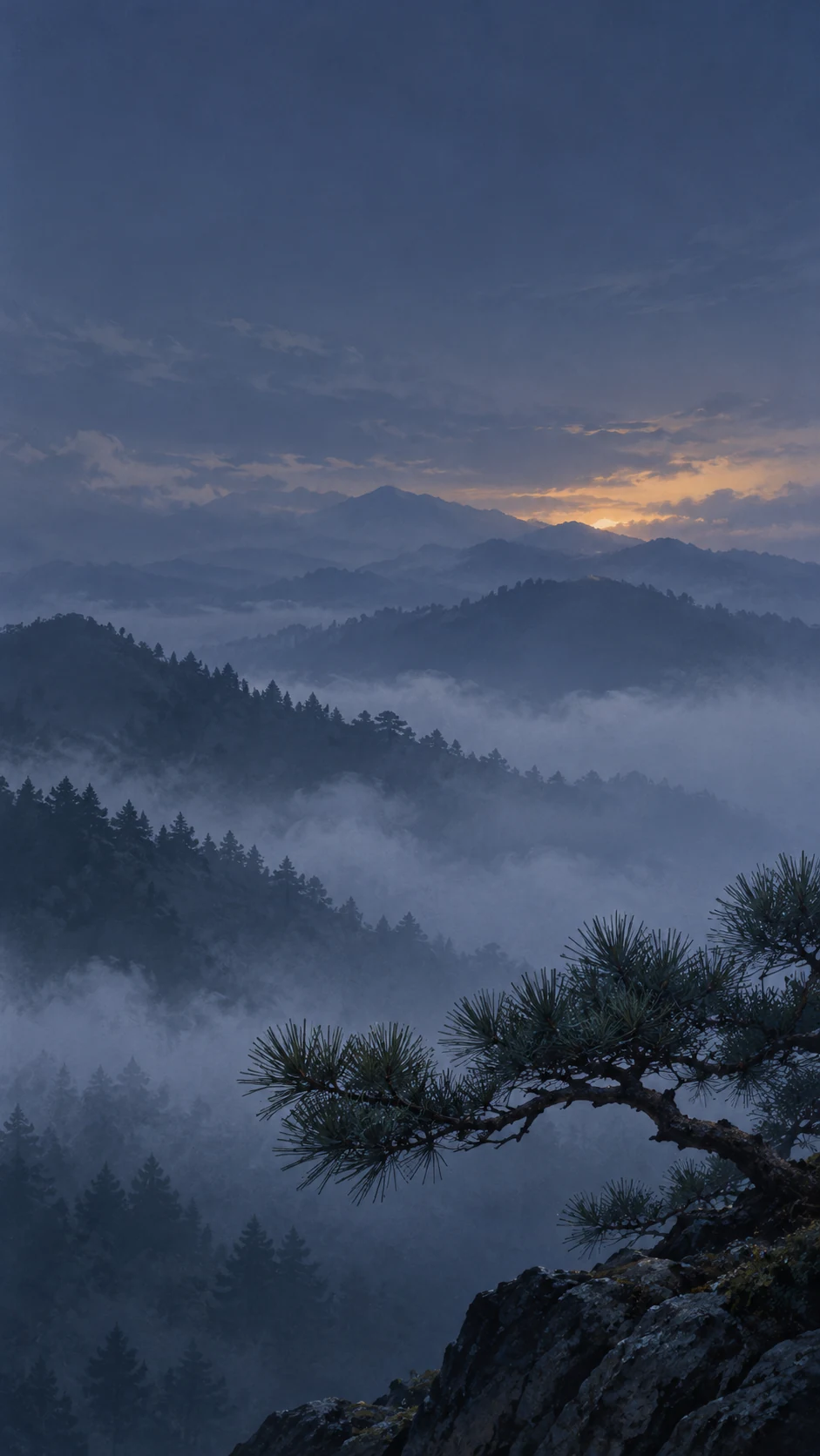 松针雾岭手机壁纸的前景松针、中景雾带、低对比度远景和图标安全区