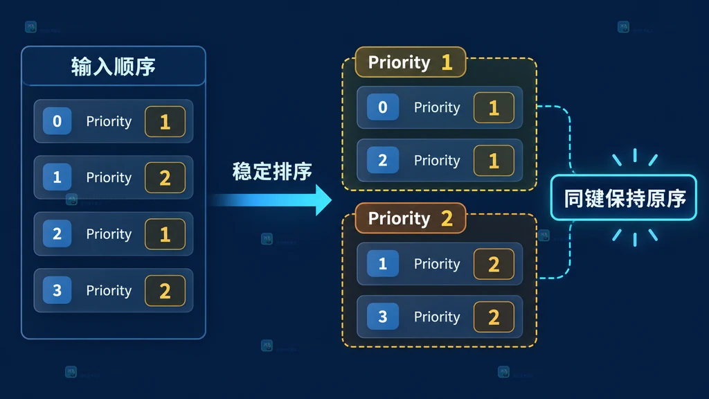 Go 稳定排序中输入记录按优先级分组且同键保持原序的结构说明图