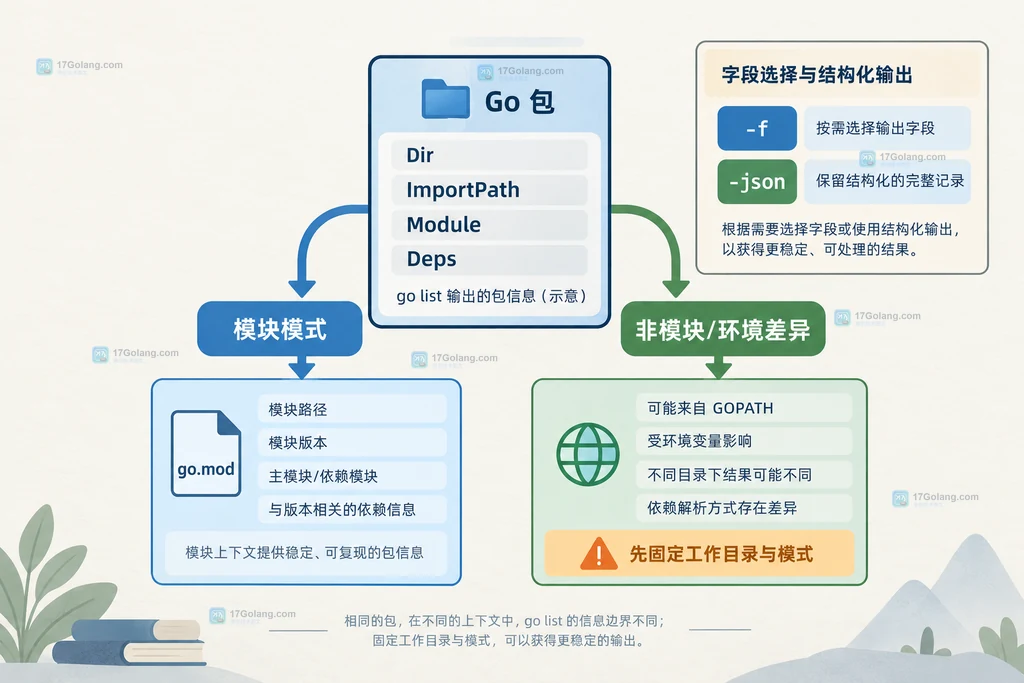 Go go list 从命令输入、包元数据到依赖图和稳定输出的静态结构说明图