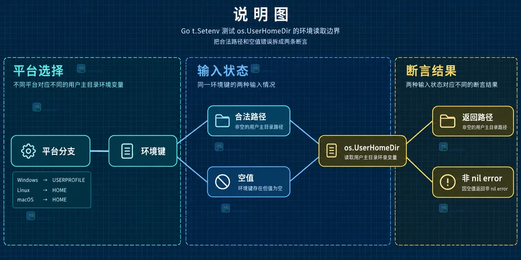 Go t.Setenv 测试 os.UserHomeDir 时合法路径、空值错误和平台分支的静态关系图