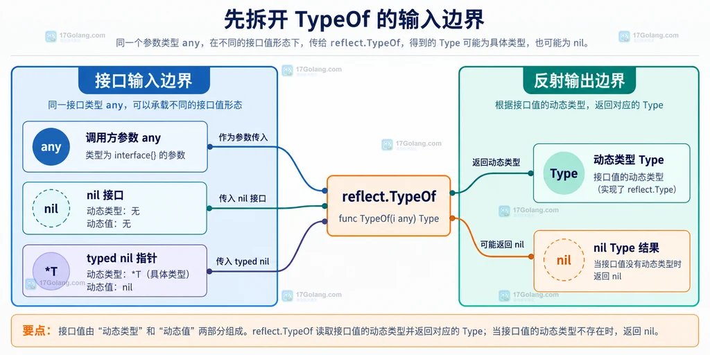 Go any 参数经过 reflect.TypeOf 后分成动态类型 Type 或 nil Type 的静态边界图