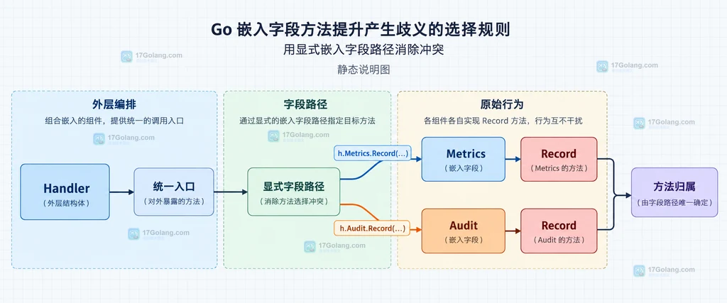 Go 同名提升方法通过 Left 和 Right 显式路径分流的关系图