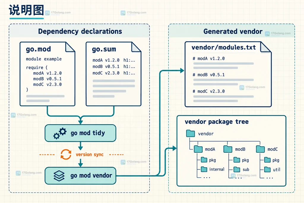 Go vendor 修复中 go.mod、go mod vendor 与 vendor modules.txt 的结构关系说明图