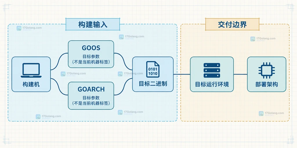 Go 交叉编译中构建机、GOOS、GOARCH、CGO_ENABLED、目标二进制和目标运行环境的关系说明图