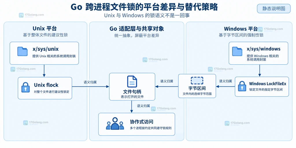 Unix flock、Windows LockFileEx 与 Go 平台适配层的静态关系