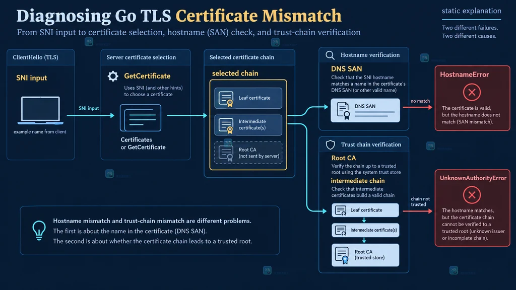 Go TLS 证书选择与客户端校验证据关系说明图