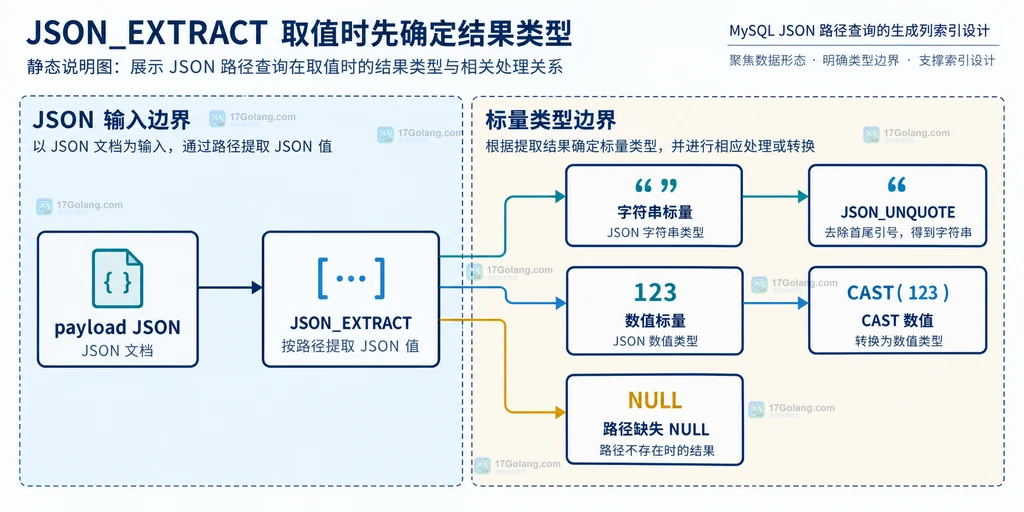JSON_EXTRACT 路径、去引号和标量生成列的关系说明图
