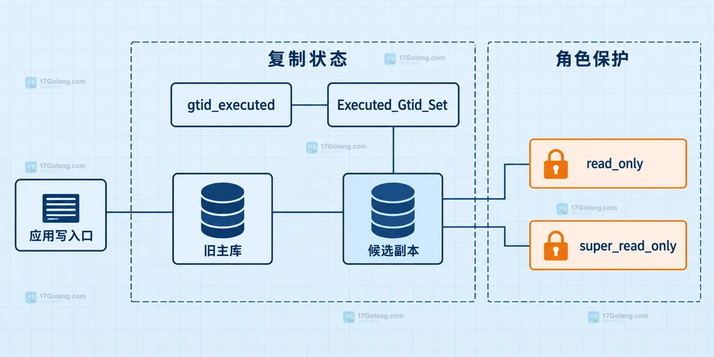 MySQL GTID 切换后新主库、SOURCE_AUTO_POSITION、副本通道与应用连接的静态拓扑说明图