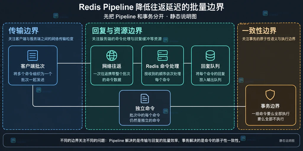 Redis Pipeline 中客户端批次、网络往返与 Redis 回复队列的关系说明图