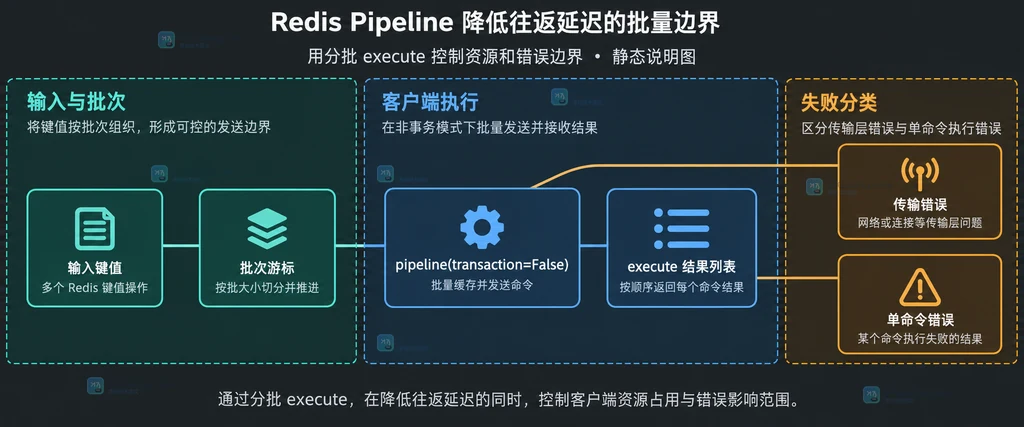 Redis Pipeline 分批执行中批次游标、命令结果与错误分类的结构说明图