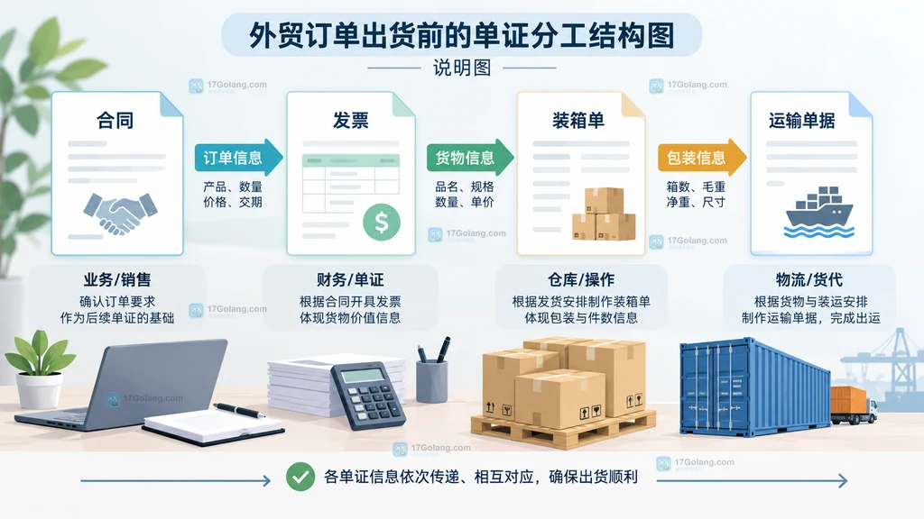 合同、发票、装箱单和运输单据的外贸出货分工说明图