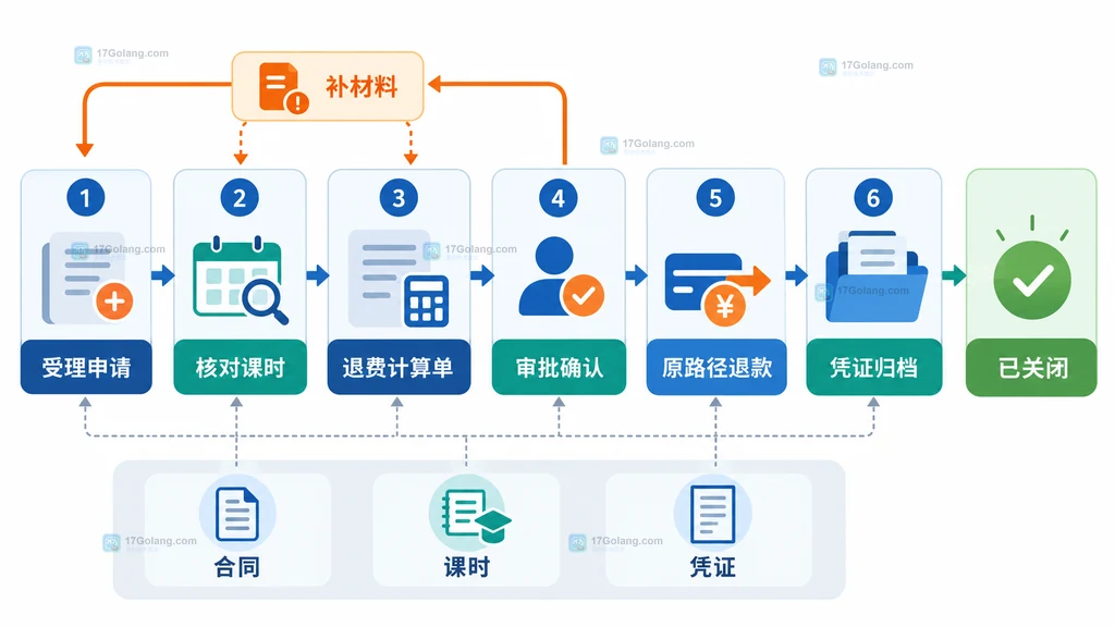 培训机构退课从申请、核算、审批、退款到凭证归档的闭环说明图