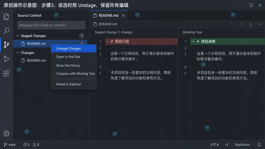 暂存列表中Unstage Changes菜单与保留工作区编辑的原创操作示意图