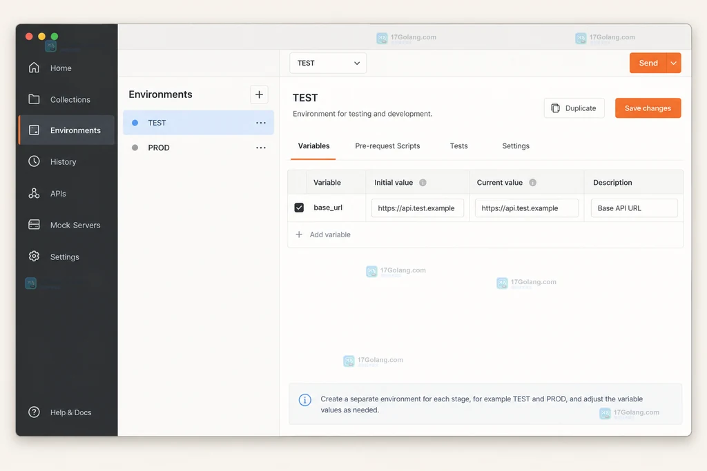 Postman 环境编辑说明图,展示测试环境、生产环境与 base_url 字段的组织关系